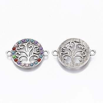 Alloy Links, with Colorful Resin, Flat Round with Tree of Life, Antique Silver, 18x24x2mm, Hole: 1.8mm
