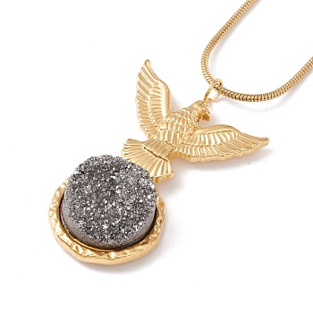 Natural Quartz Eagle with Flat Round Pendant Necklace with 304 Stainless Steel Snake Chain, Druzy Gemstone Jewelry for Women, Golden, Gray, 17.72 inch(45cm)