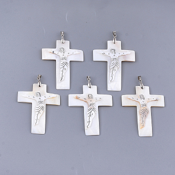 Freshwater Shell Big Pendants, with Brass Findings, Cross, Platinum, 63~65x46.5~48.5x3~4mm, Hole: 6x4mm