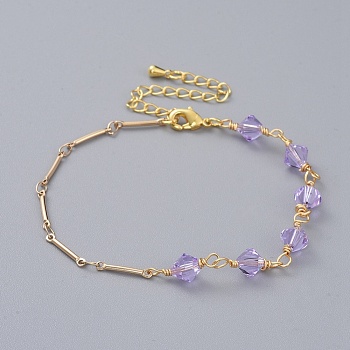 Bicone Austrian Crystal Beaded Bracelets, with Real 18K Gold Plated Brass Bar Link Chains, Brass Chain Extender and Lobster Claw Clasps, Lilac, 7-1/4 inch(18.5cm)