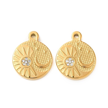 201 Stainless Steel Rhinestone Pendants, Flat Round with Sun & Moon Charms, Real 18K Gold Plated, 19x15x2.5mm, Hole: 1.6mm