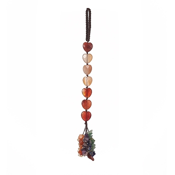 Heart Natural Red Agate & Mixed Stone Chips Tassel Pendant Decorations, Nylon Thread Hanging Ornament, 215~220mm