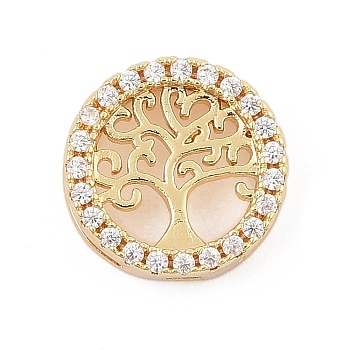 Brass Micro Pave Clear Cubic Zirconia Slide Charms, Long-Lasting Plated, Flat Round with Tree, Golden, 13x13x4.5mm, Hole: 10x1.5 and 1.5x1.5mm