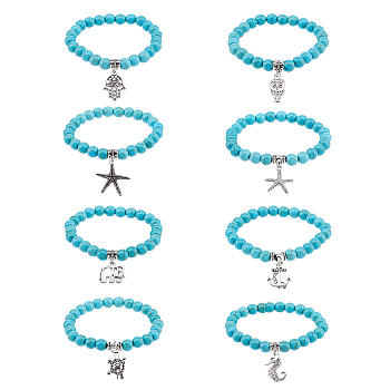 8Pcs 8 Style Synthetic Turquoise Round Beaded Stretch Bracelets Set with Alloy Charms, Anchor & Sea Horse & Owl & Hamsa Hand, Inner Diameter: 2~2-1/4 inch(5~5.6cm), 1Pc/style