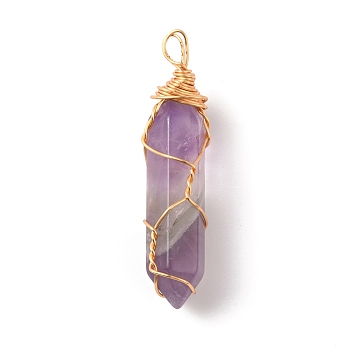 Natural Amethyst Double Terminated Pointed Pendants, with Golden Tone Copper Wire Wrapped, Faceted Bullet Charm, 41.5x9.5x8.5mm, Hole: 4x2.3mm