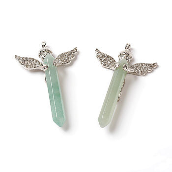 Natural Green Aventurine Big Pendants, with Rhinestone and Brass Findings, Angel with Bullet, Platinum, 53.5~56x34x9.5~10.5mm, Hole: 2mm