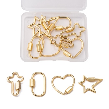 8Pcs 4 Style Brass Screw Carabiner Lock Charms, for Necklaces Making, Star & Oval & Heart & Cross, Real 18K Gold Plated, 2pcs/style