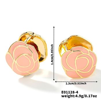 Vintage Brass Enamel Mountain Camellia Hoop Earrings, Women's Unique Minimalist Fashion Accessories, Pink, 14x13mm