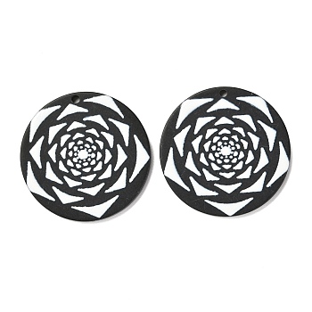 Opaque Acrylic Pendants, Black & White, Flat Round with Rose, Black, 29x2.3mm, Hole: 1.6mm