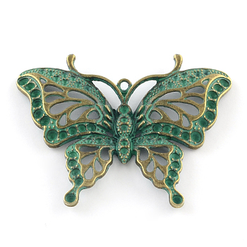 Zinc Alloy Butterfly Pendants Rhinestone Settings, Cadmium Free & Nickel Free & Lead Free, Antique Bronze & Green Patina, Fit for 1.5~2.5mm rhinestone, 48x62x6mm, Hole: 2mm
