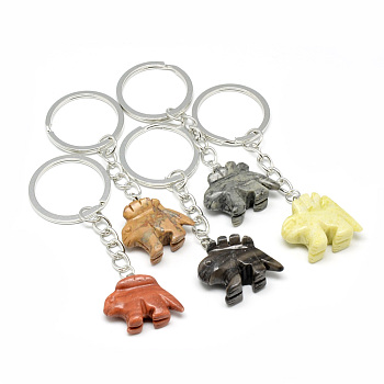 Synthetic & Natural Gemstone Keychain, with Iron Findings, Dinosaur, Platinum, 80~82mm