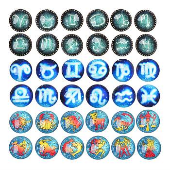 3Sets 3 Styles Glass Cabochons, Half Round with 12 Constellations, Cyan & Red & White, Mixed Color, 25x7~8mm, 12pcs/set, 1set/style