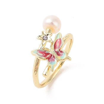 Round Natural Freshwater Pearl Finger Ring for Women, Butterfly Brass Enamel & Rhinestone Open Cuff Ring, Real 14K Gold Plated, US Size 8 1/2(18.5mm)