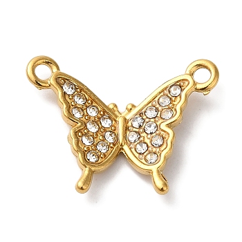 PVD Vacuum Plating 304 Stainless Steel Rhinestone Pendants, Butterfly Charms, Golden, 13x17x2.5mm, Hole: 1.4mm