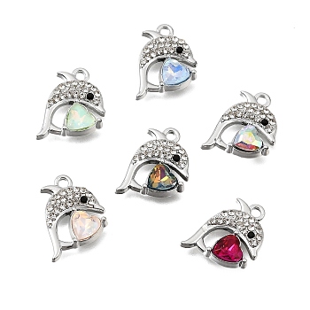 UV Plating Alloy Crystal Rhinestone, Pendants, with Glass, Dolphin with Heart Charms, Mixed Color, Platinum, 17x16.5x3.5mm, Hole: 1.7mm