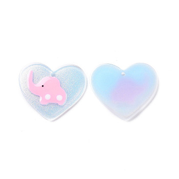 Acrylic Pendants, with Enamel and Glitter Powder, Heart with Elephant Pattern, Light Sky Blue, 26x29.5x2mm, Hole: 1.5mm