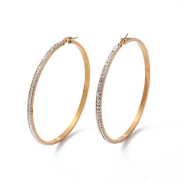 304 Stainless Steel Hoop Earrings, with Polymer Clay and Rhinestone, Ring, Golden, Crystal, 70x69x3.5mm