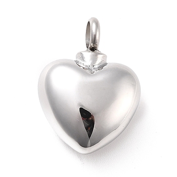 304 Stainless Steel Urn/Perfume Pendants, Heart, Stainless Steel Color, 26x19.5x11.5mm, Hole: 5mm