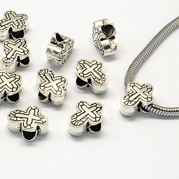 Alloy European Beads, Large Hole Beads, Cross, Antique Silver, 14.5x11x6.5mm, Hole: 5mm