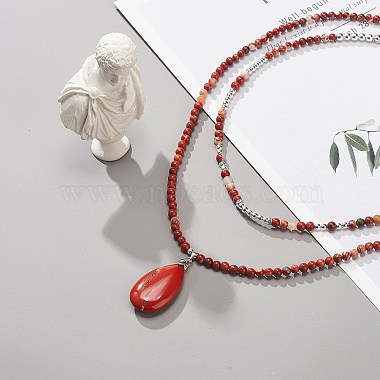 2Pcs 2 Style Natural Red Jasper Teardrop Pendant Necklaces Set(NJEW-JN04064)-2