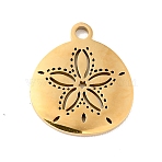 201 Stainless Steel Pendants, Sand Dollar Charm, Flat Round with Flower, Golden, 13.5x12x1mm, Hole: 1.4mm(STAS-E015-04G)