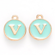 Golden Plated Alloy Enamel Charms, Cadmium Free & Lead Free, Enamelled Sequins, Flat Round with Letter, Turquoise, Letter.V, 14x12x2mm, Hole: 1.5mm(X-ENAM-S118-05V)