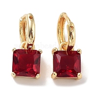 Real 18K Gold Plated Brass Rectangle Dangle Hoop Earrings, with Square Glass, Dark Red, 20.5x9mm(EJEW-L269-047G-02)