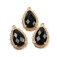 Natural Obsidian Faceted Pendants, Rack Plating Brass Pave Clear Cubic Zirconia Teardrop Charms, Golden, 23.5~24x15~15.5x6mm, Hole: 1.2mm(G-M431-13G-03)