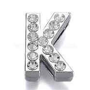 Alloy Letter Slide Charms, with Crystal Rhinestone, Cadmium Free & Lead Free, Platinum, Letter.K, 20.5x14x7mm, Hole: 2.5x18mm(RB-F034-01K-P-RS)