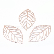 Brass Big Pendants, Lead Free & Cadmium Free & Nickel Free, Leaf, Real Rose Gold Plated, 53x31x0.5mm, Hole: 1mm(KK-P155-02RG-NR)