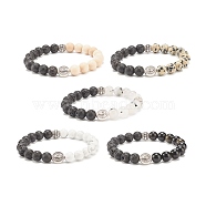 Natural Lava Rock & Gemstone Stretch Bracelet with Alloy Jesus Beads, Essential Oil Gemstone Jewelry for Women, Inner Diameter: 2-1/8 inch(5.5cm)(BJEW-JB08013)