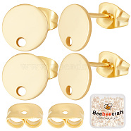 50 Pairs 304 Stainless Steel Stud Earring Findings, with Hole & Ear Nuts/Earring Backs, Flat Round, Real 24K Gold Plated, 8x0.8mm, Hole: 1.2mm, Pin: 0.8mm(STAS-BBC0001-73)