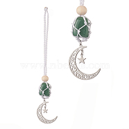 Moon 201 Stainless Steel Pendant Decorations, Wood Beads and Natural Green Aventurine Nuggets Beads Nylon Thread Hanging Ornament, 165~171mm(HJEW-JM00958-01)
