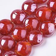Handmade Lampwork Beads, Pearlized, Flat Round, Red, 16x8mm(LAMP-S010-16mm-04)