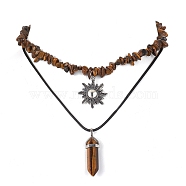 2Pcs 2 Style Natural Tiger Eye Bullet & Alloy Sun Pendant Necklaces Set, with Chips Beaded Chains, 12.80~17.72 inch(32.5~45cm), 1Pc/style(NJEW-JN04514-03)