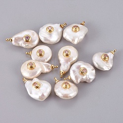 Natural Cultured Freshwater Pearl Pendants, with Brass Micro Pave Cubic Zirconia Cabochons, Long-Lasting Plated, Real 18K Gold Plated, Pink, 16~22.5x10~14mm, Hole: 1.4mm(PEAR-F008-31G-03)