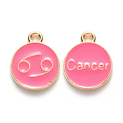 Alloy Enamel Pendants, Cadmium Free & Lead Free, Flat Round with Constellation, Light Gold, Cerise, Cancer, 15x12x2mm, Hole: 1.5mm(X-ENAM-S124-01B-03D)