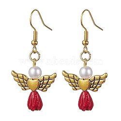 Angel Antique Golden Alloy & Resin Dangle Earrings, Imitation Pearl Acrylic Drop Earrings, FireBrick, 45x21.5mm(EJEW-JE05686-07)