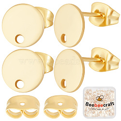 50 Pairs 304 Stainless Steel Stud Earring Findings, with Hole & Ear Nuts/Earring Backs, Flat Round, Real 24K Gold Plated, 8x0.8mm, Hole: 1.2mm, Pin: 0.8mm(STAS-BBC0001-73)