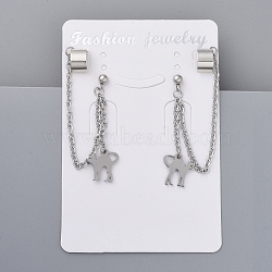 304 Stainless Steel Kitten Cuff Earrings, with Rolo Chains, Brass Earring Finding and Rubber Ear Nuts, Flat Round with Cat Silhouette, Stainless Steel Color, 122mm, Pin: 0.7mm(EJEW-JE03638-04)