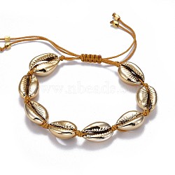 Cowrie Shell Braided Bead Bracelets, with Nylon Thread Cord and Brass Beads, Golden, 2 inch~3-1/8 inch(5~8cm)(X-BJEW-JB04325)