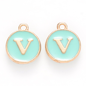 Golden Plated Alloy Enamel Charms, Cadmium Free & Lead Free, Enamelled Sequins, Flat Round with Letter, Turquoise, Letter.V, 14x12x2mm, Hole: 1.5mm