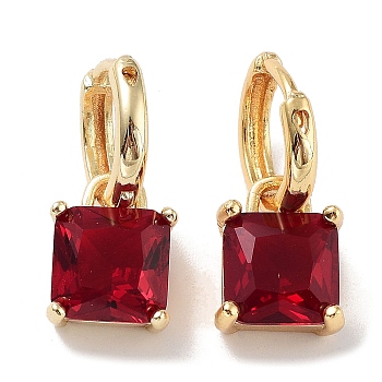 Real 18K Gold Plated Brass Rectangle Dangle Hoop Earrings, with Square Glass, Dark Red, 20.5x9mm