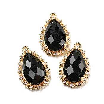 Natural Obsidian Faceted Pendants, Rack Plating Brass Pave Clear Cubic Zirconia Teardrop Charms, Golden, 23.5~24x15~15.5x6mm, Hole: 1.2mm