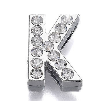 Alloy Letter Slide Charms, with Crystal Rhinestone, Cadmium Free & Lead Free, Platinum, Letter.K, 20.5x14x7mm, Hole: 2.5x18mm