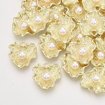Alloy Pendants, with ABS Plastic Imitation Pearl, Leaf, Light Gold, 20x20.5x6.5mm, Hole: 2mm