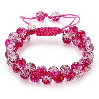 Sparkling Round Glass Braided Bead Bracelet, Double Layered Wrap Adjustable Bracelet for Women, Medium Violet Red, Inner Diameter: 2~3-1/8 inch(5~7.8cm) 