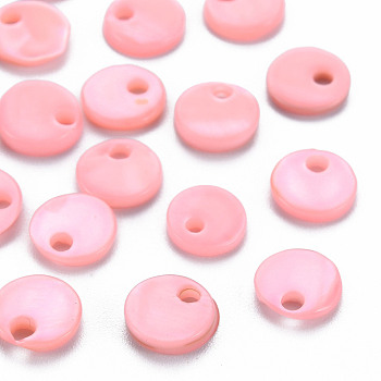 Spray Painted Freshwater Shell Charms, Flat Round, Pink, 7x1~2mm, Hole: 1.2~1.6mm