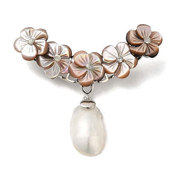 Peach Blossom Flower Natural White Shell Brooches for Women, with Brass Branch, Platinum, 44x50x6.5mm