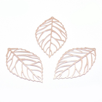 Brass Big Pendants, Lead Free & Cadmium Free & Nickel Free, Leaf, Real Rose Gold Plated, 53x31x0.5mm, Hole: 1mm